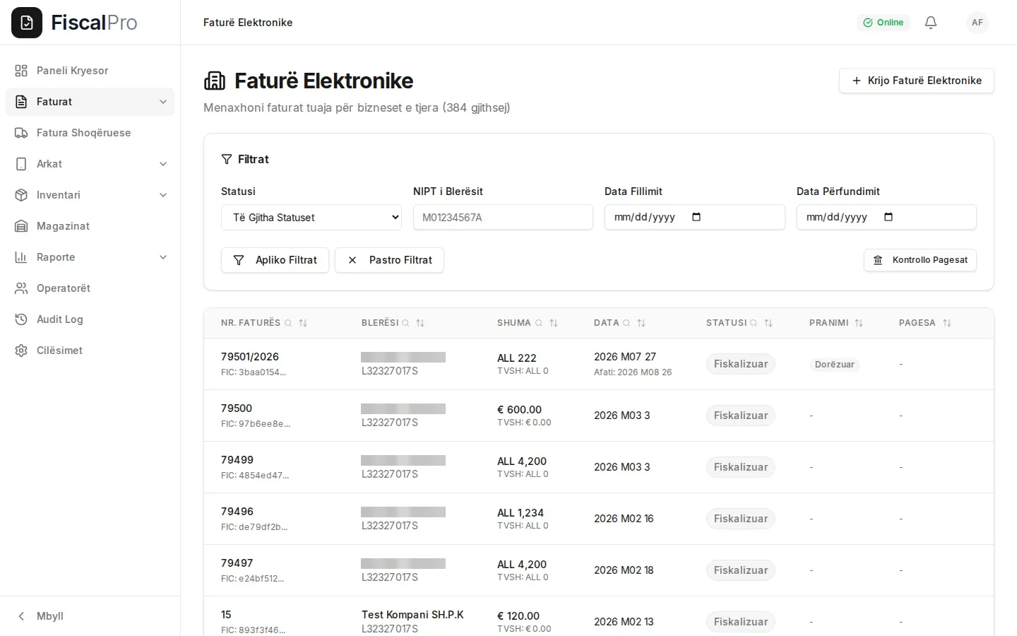 Faturat elektronike me palët, vlerat dhe gjendjen e dërgimit te platforma qendrore e faturave