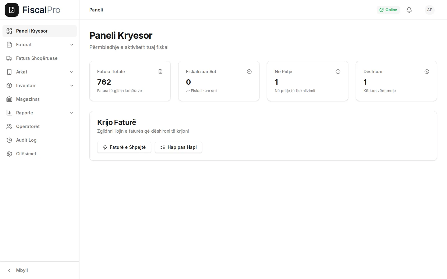 Paneli kryesor i Fiscal Pro me shitjet e ditës, faturat e fundit dhe statusin e fiskalizimit